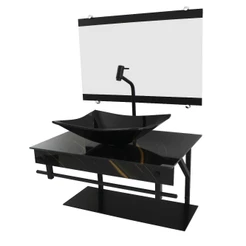 GABINETE DE VIDRO 60CM APX COM CUBA RETANGULAR MÁRMORE PRETO DOURADO