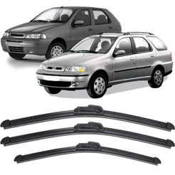 Kit 3 Palhetas Limpador Parabrisa Dianteiro + Traseiro Para Carro Fiat Palio G2 2001/2007