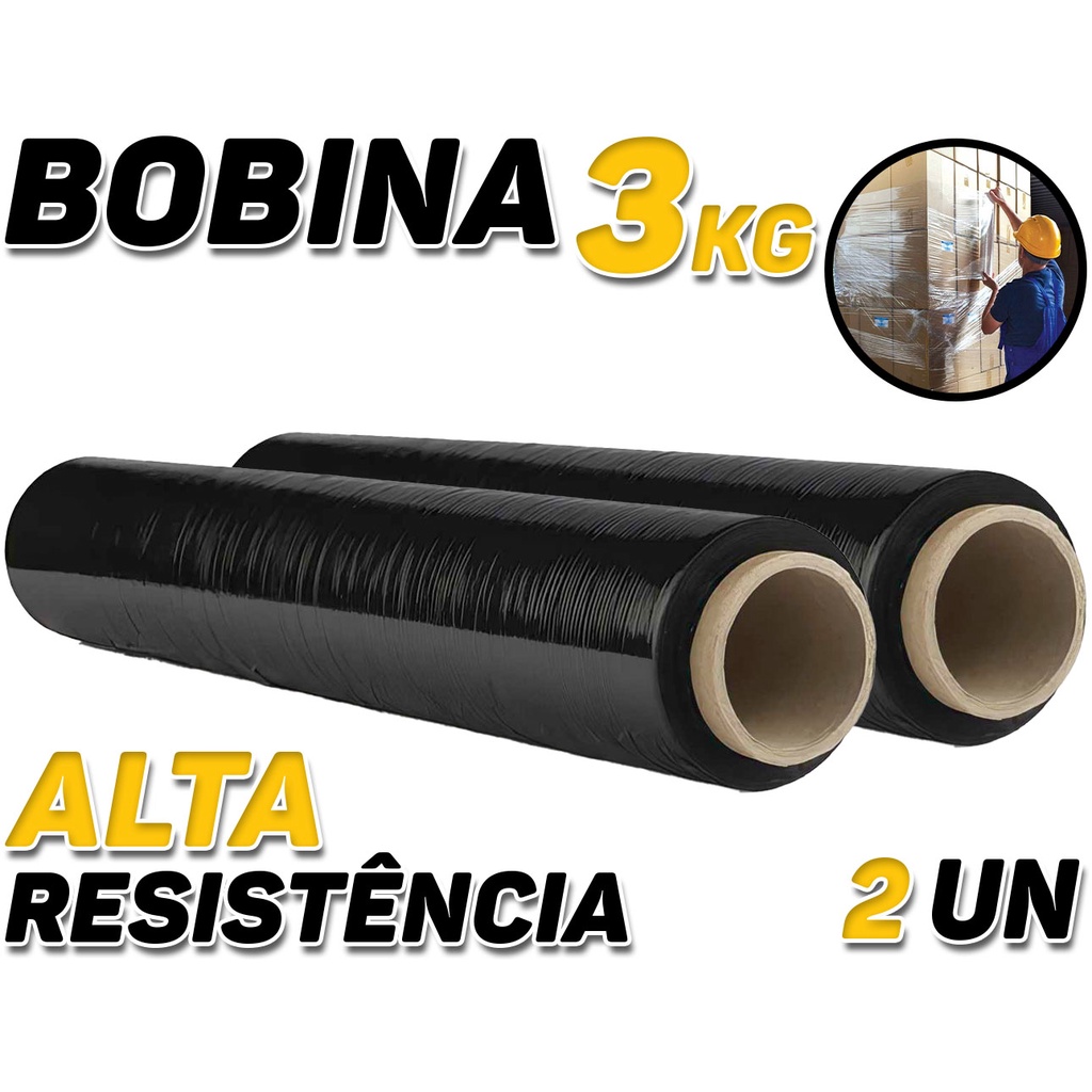 Kit 2 Rolos Bobina Filme Stretch Preto 500x30mic 200m Tubete Para Pallets Embalagens Correios