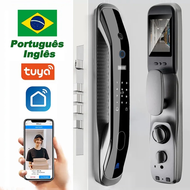 Fechadura Digital Tuya Biométrica Wifi ou Bluetooth Universal Fechadura de Sobrepor Digital X2 Inteligente Biometria Senha Português Disponível Bluetooth Fechadura Smart Pilhas AAA Airbnb Gerenciador Usuário