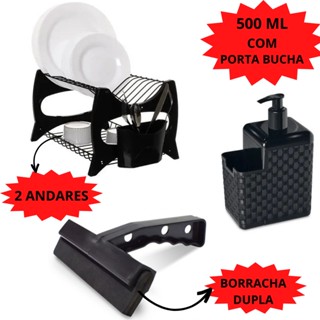 Kit Escorredor De Louças Pratos 2 Andares , Porta Detergente , Rodinho de Pia