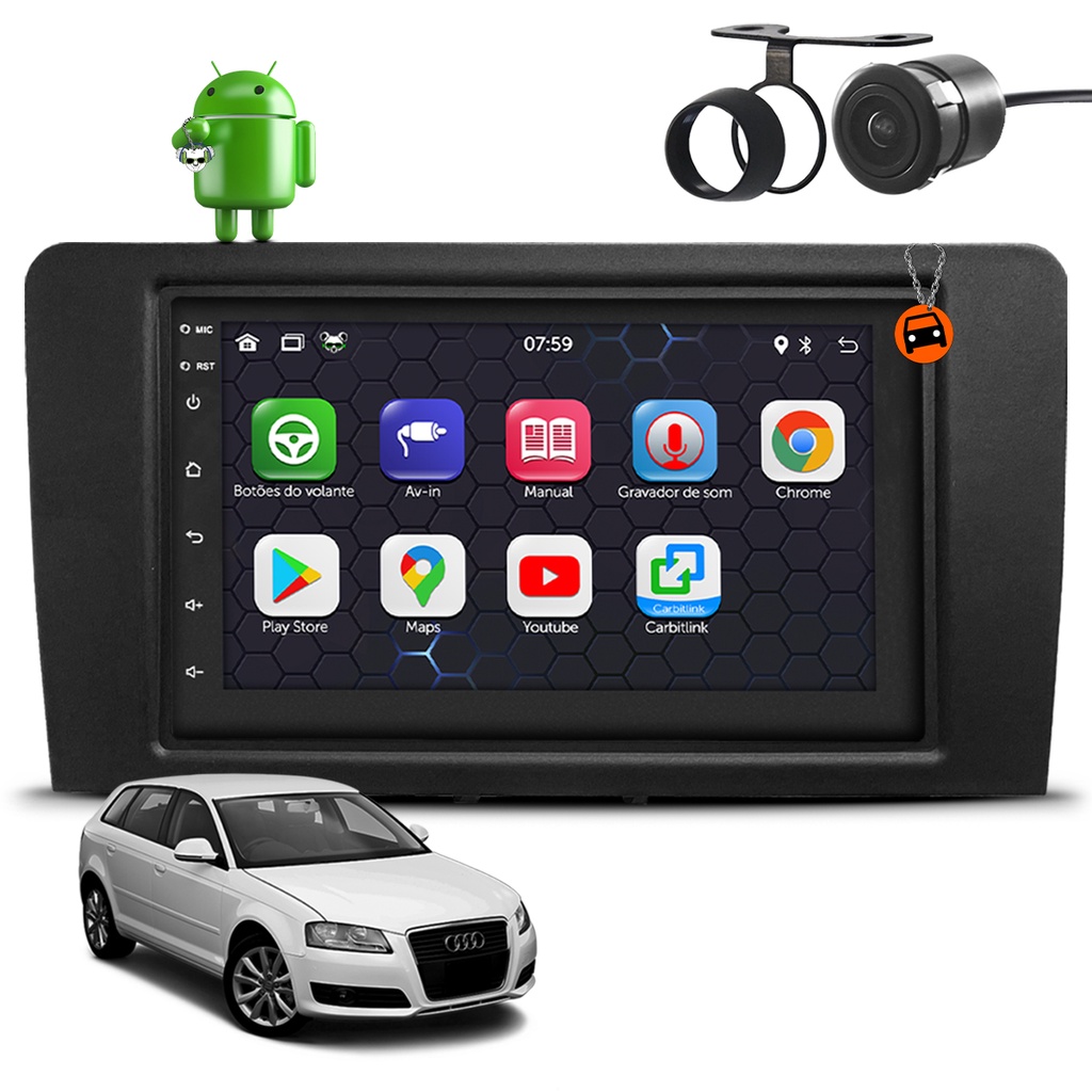 Kit Central Multimídia Sistema Android Espelhamento Usb Bluetooth Audi A3 2007 2008 2009 2010 2011