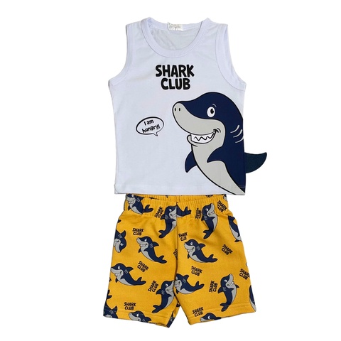 Conjunto Infantil Masculino Regata  Malha Estampa  interativa Bermuda estampada tubarao 1-2-3