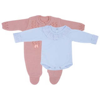 Kit Macacão Laço Rosa e Body com Gola e Punho de Renda em Oferta na Shopee