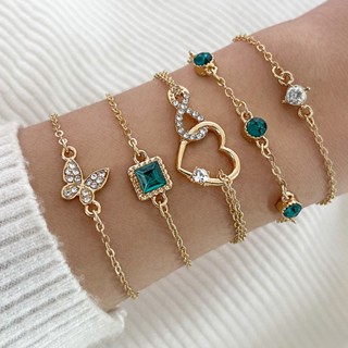 Pulseiras Geométricas De Cristal Verde Fashion Green Butterfly De Pulso Coração De Borboleta Para Mulheres Ouro Vintage Cor Conjunto De Jóias Acessórios