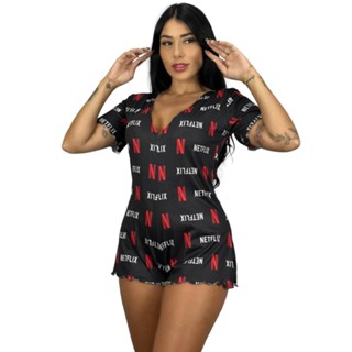 Macaquinho Pijama Body Curto Ondinha Estampado Personagens Roupa de Dormir Design DivertidoTemática Feminina