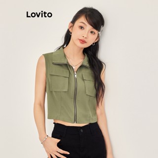 Lovito Casual Blusa Feminina Lisa Cropped Sem Mangas com Bolso e Zíper L53AD015 (Verde Militar)
