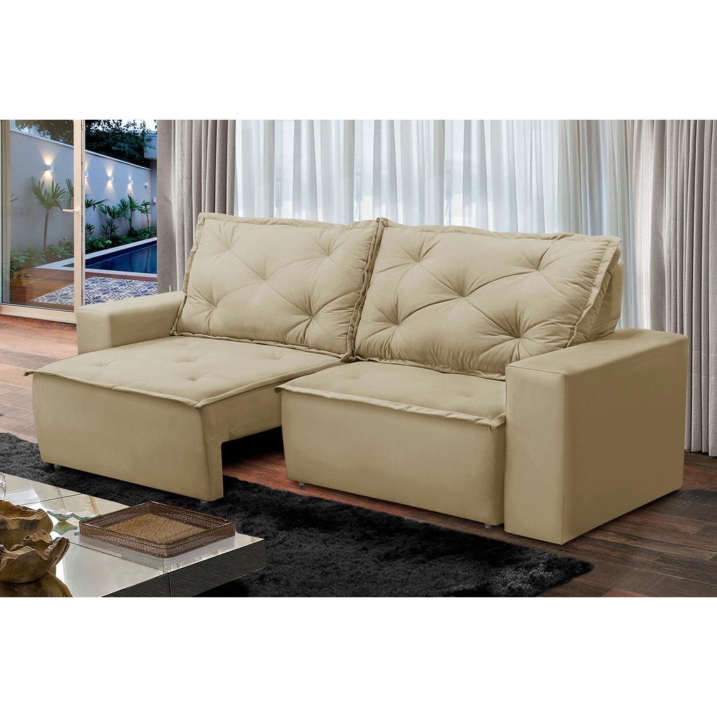 Sofá Retrátil e Reclinável 3 lugares com Molas 2,00m Ana Suede Bege Adonai Estofados - Home & Living