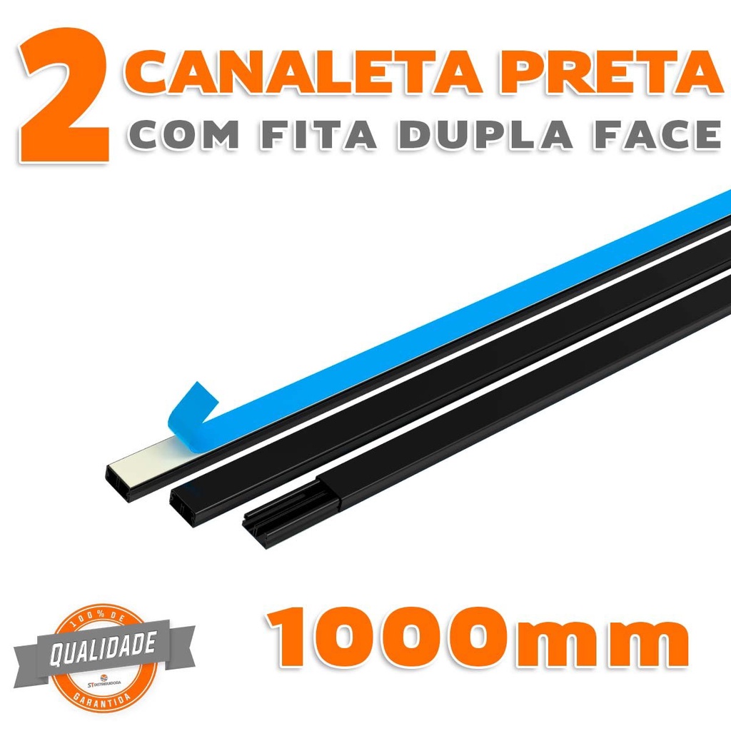 Kit 2 Canaleta PVC Preto com Fita Dupla Face de 1 Metro