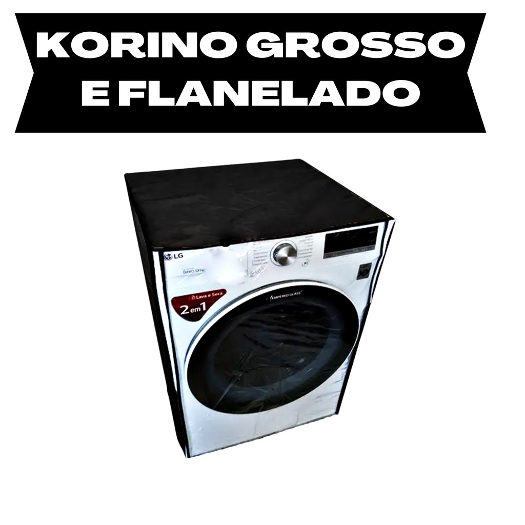 Capa Para Máquina De Lavar Frontal Flanelada Com Visor e Zíper - Cor Preto - Para Maquinas De 9, 10 e 11kg