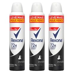Kit 3 Desodorantes Antitranspirante Aerosol Feminino Rexona Invisible 72 horas 250ml