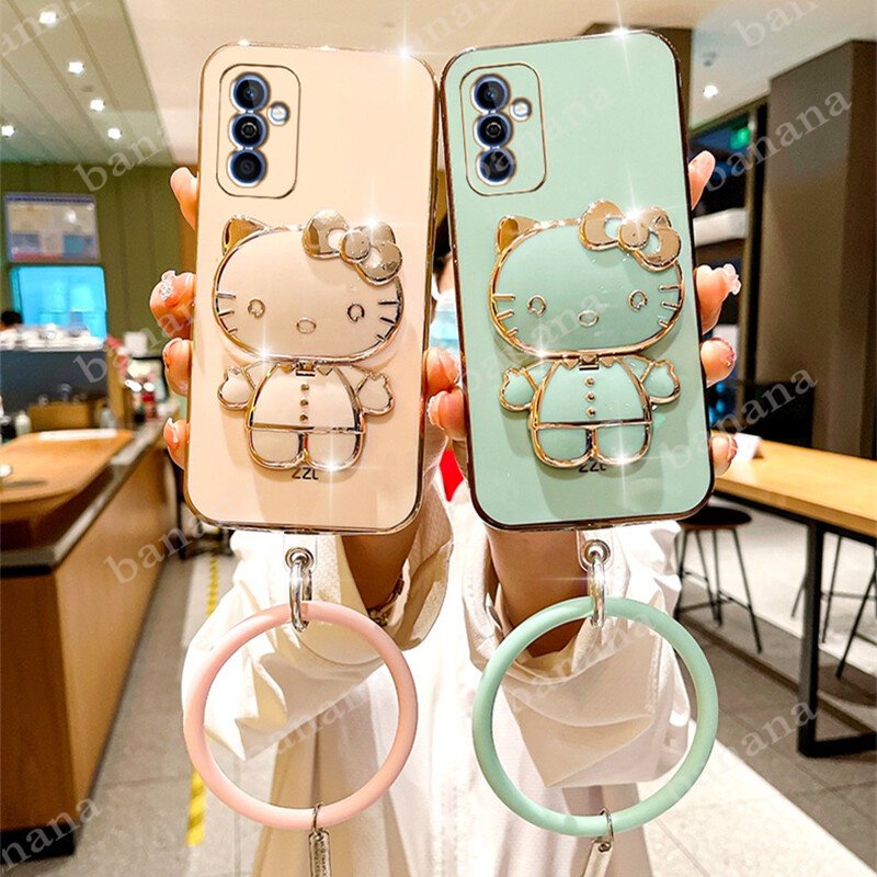 Estojo Macio Para Samsung Galaxy A54 A34 A14 LTE M14 4G 5G 2023 Novo Smartphone Com Lovely Cute KT Mirror Stand Holder + Bracelete Telefone Celular Capa Traseira