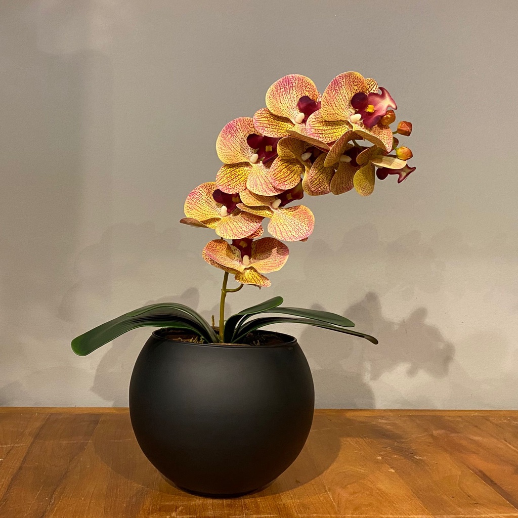 Arranjo de Orquídea Rosa Tigre Centro de Mesa no Vaso Preto