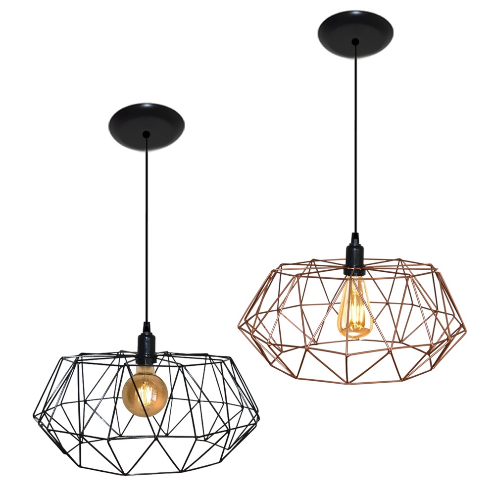 Lustre Luminária Pendente Aramado Modelo Estádio 36cm - Ideal para Mesa de Jantar - Preto ou Cobre