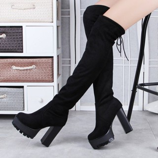 Botas Femininas De Outono Inverno Novo Estilo De Calcanhar Alto Sobre O Joelho Fogão Longo Elástico De Borracha Espessa Plataforma À Prova D