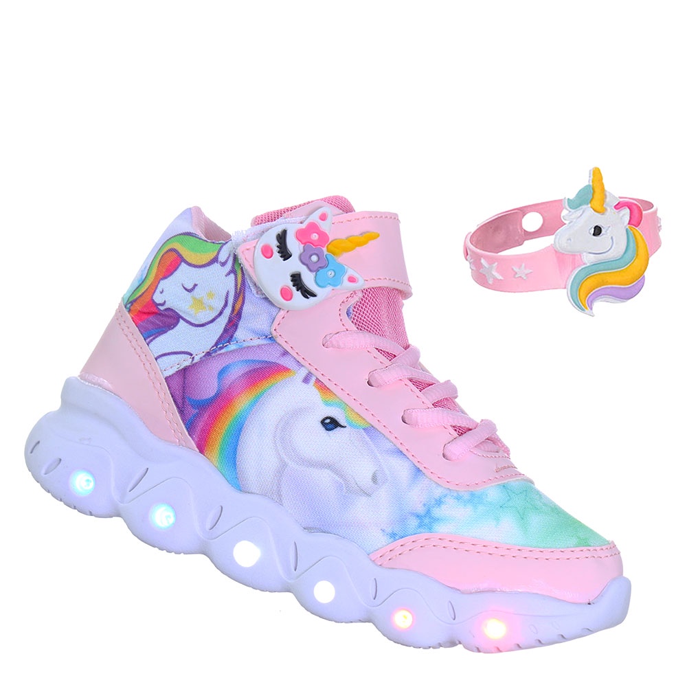 Tenis Calcado Botinha Infantil Unicornio de Luz Led Brilha+ Pulseira Pemania