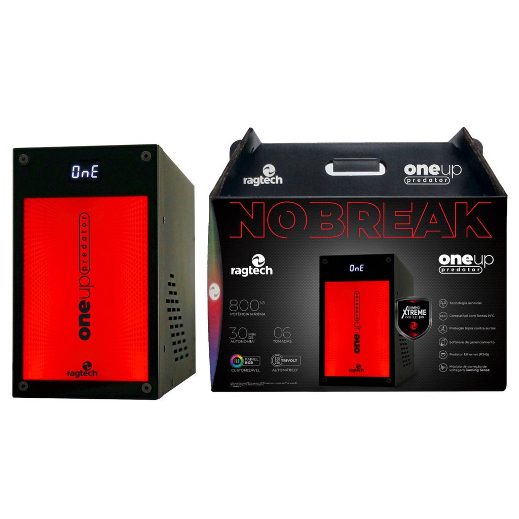 Nobreak Gamer One Up Predator 800VA 560W Senoidal Pura Proteção Tripla + Ethernet RJ45 para Videogame Console PC Ragtech