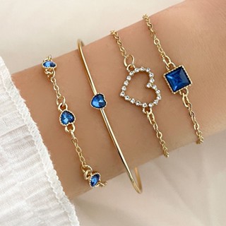 4pcs/set Vintage Trend Inlaid Rhinestone Square Heart Bracelets Para Mulheres Pulseiras De Coração Azul Verde Vermelho Bangle Jewelry Gifts