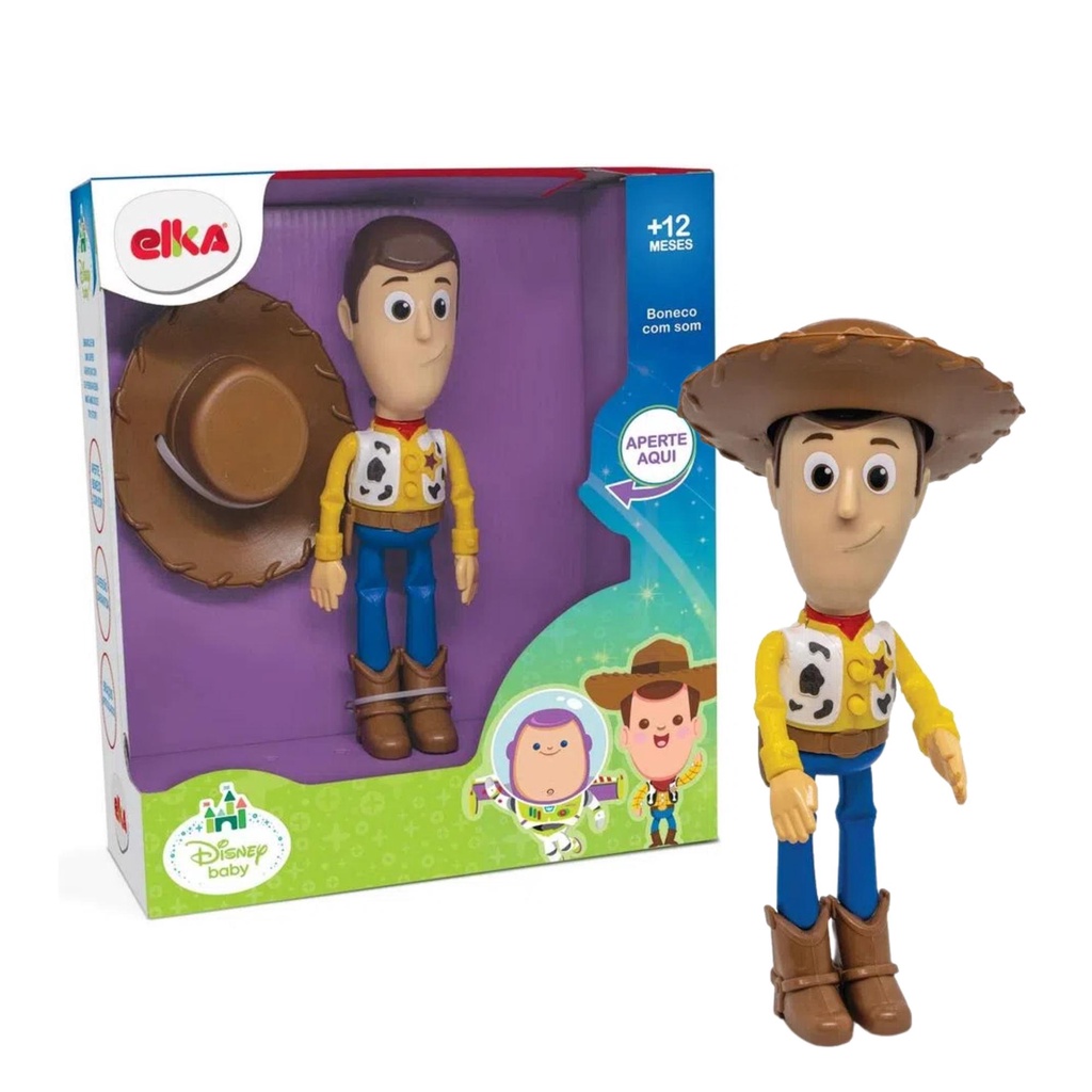 Brinquedo Boneco Articulado Woody Toy Story Com som, 26cm em Plástico Vinil + Acessórios  Elka - 1134