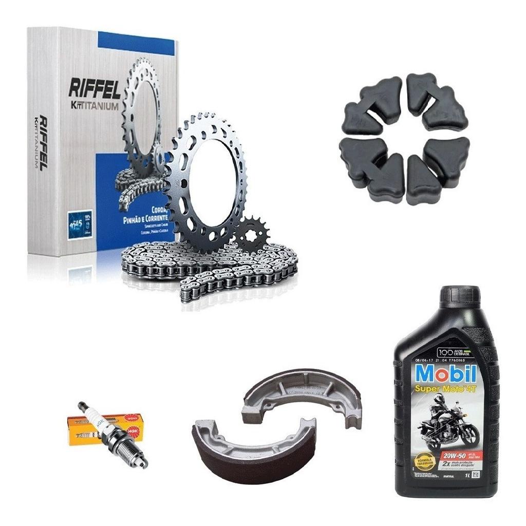 Kit Relação Titan 150 Fan Riffel Vela Bucha Coroa Lona Óleo 20w50 Mobil