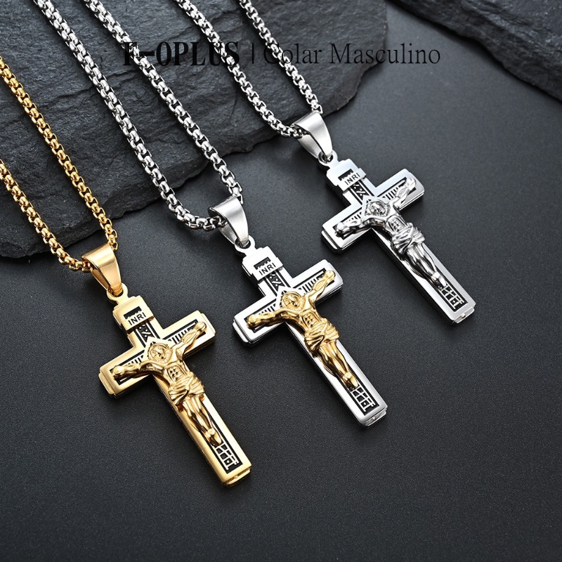 F-OPLUS | Colar Masculino de Crucifixo do Jesus 60cm 70cm Corrente Masculina com Pingente de Cruz do Jesus Bicolor e Ouro TNM012