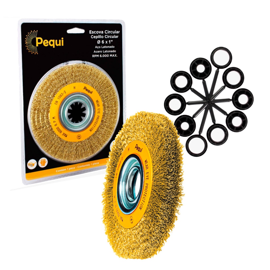 Escova Circular Ondulada PEQUI 6" x 1" Aço Latonado 0,30 mm Máx 6.000 RPM