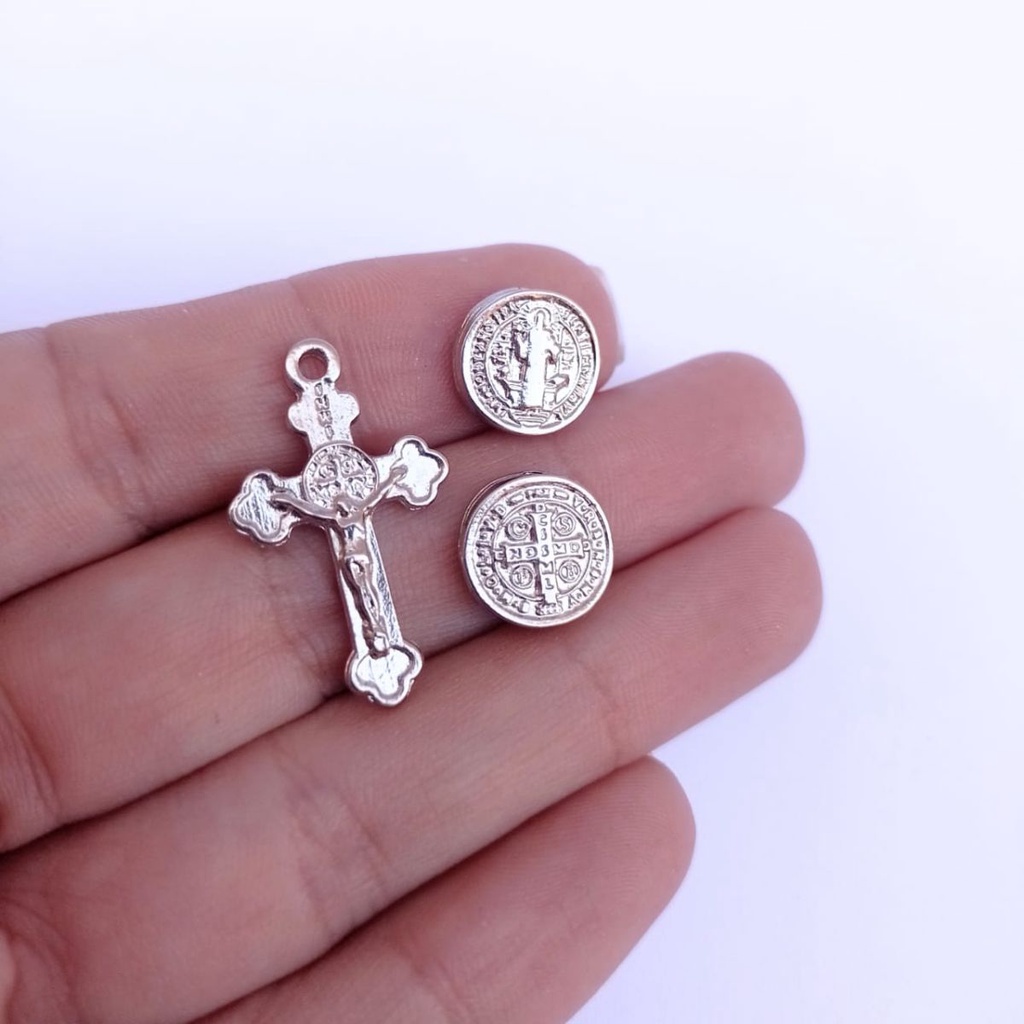 10 Mini Cruz + 10 Passantes São Bento - Kit para Terço de Pulso São Bento Niquel em Oferta na Shopee