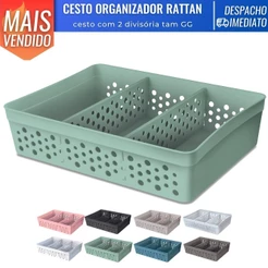 Cesto Organizador Rattan c/ 2 Divisórias Tam GG P/ Joias Maquiagem Miudezas