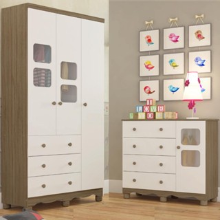 Quarto de Bebê Completo com Guarda Roupa 3 Portas Cômoda Uli 4 Gavetas Móveis Peroba