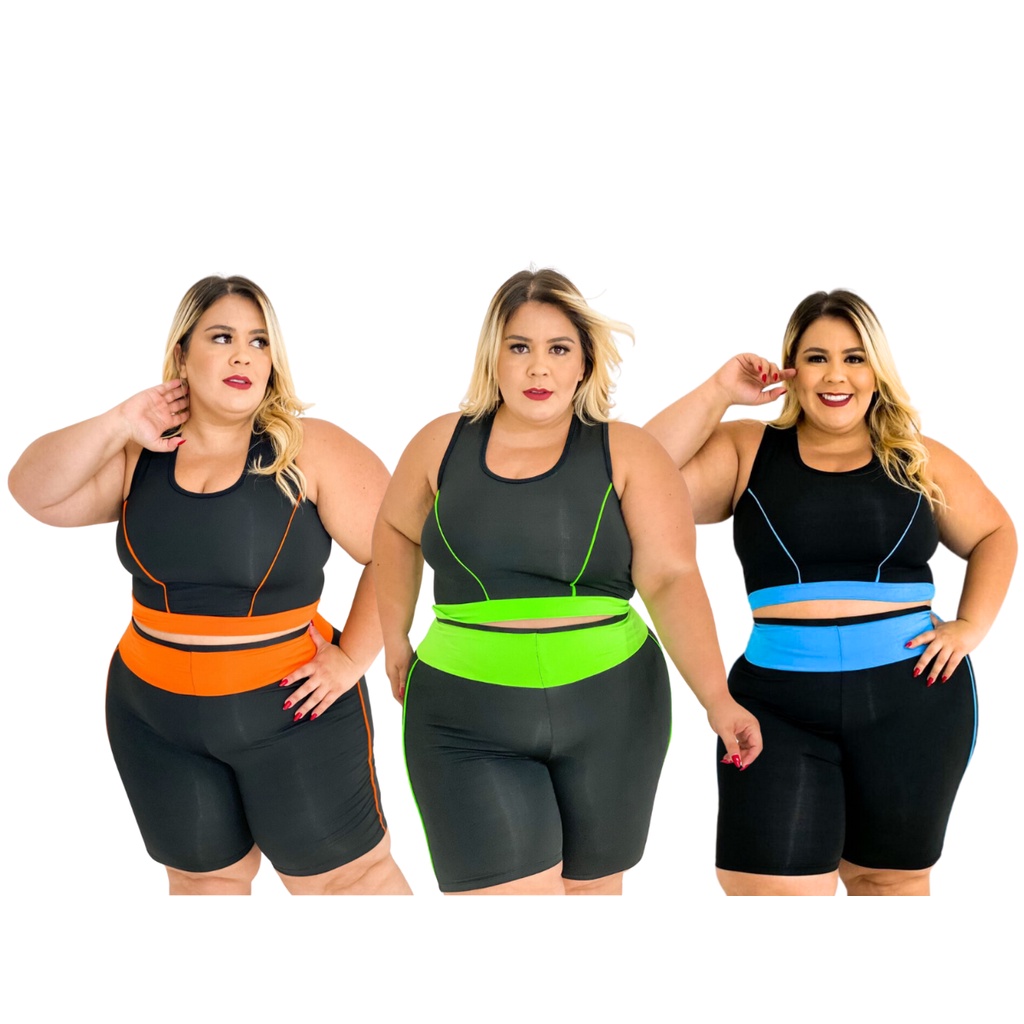 Kit de 3 Conjuntos Short e Top Ginástica Plus Size Roupa Fitness de Academia Musculação Treino Pliates