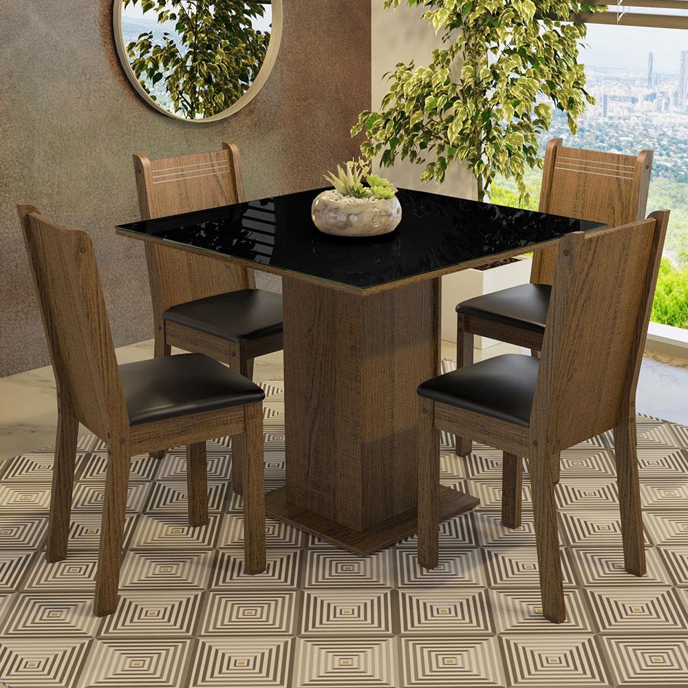Conjunto Sala de Jantar Mesa Tampo de Vidro 4 Cadeiras Rustic/Preto Perla Madesa em Oferta na Shopee
