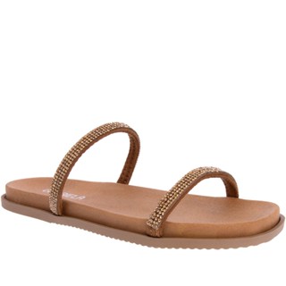 Rasteira Gabriela Flat Tiras Strass Camurça Caramelo