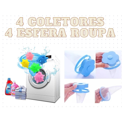 Kit  4 Coletor Cabelo Fiapos Para Lavadora  4 Esfera Roupas Removedor Fiapos/Pêlos Máquina de Lavar