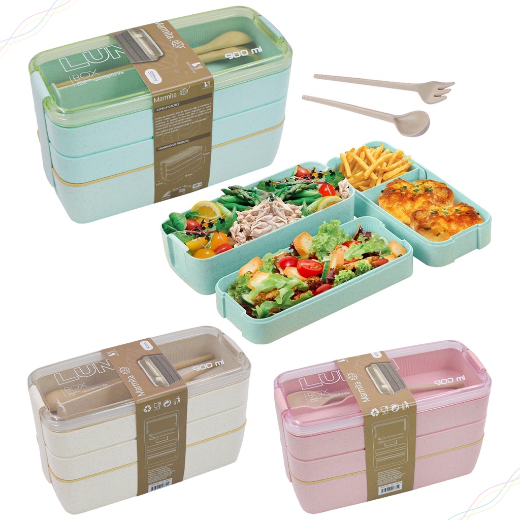 Marmita Lancheira Porta Alimenteos Japonesa (Bento) Com 3 Compartimentos e Talheres 900ml