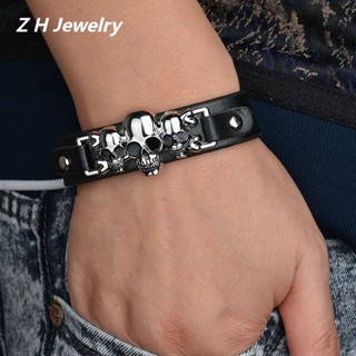 Z H Jewelry Vintage Rock Skull Leather Bracelet Pulseira De Couro Moda Masculina E Feminina Aço Inoxidável PU Punk Party Acessórios