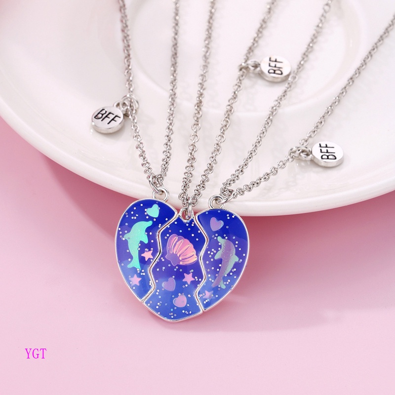 YGT 3PCS/Set Novo Estilo De Cartoon Dolphin Shell Heart Pendant Necklace Para Meninas Amizade Colares BFF Melhor Amigo Jóias