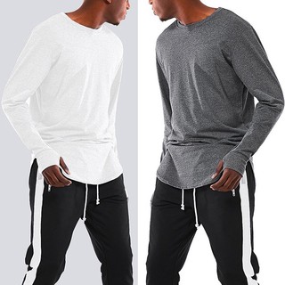 Primavera Outono Cor Sólida Manga Longa Camiseta Masculina Hip Hop Oversize Swag Hem Tshirt Topos T sHIRT Homem Roupas B