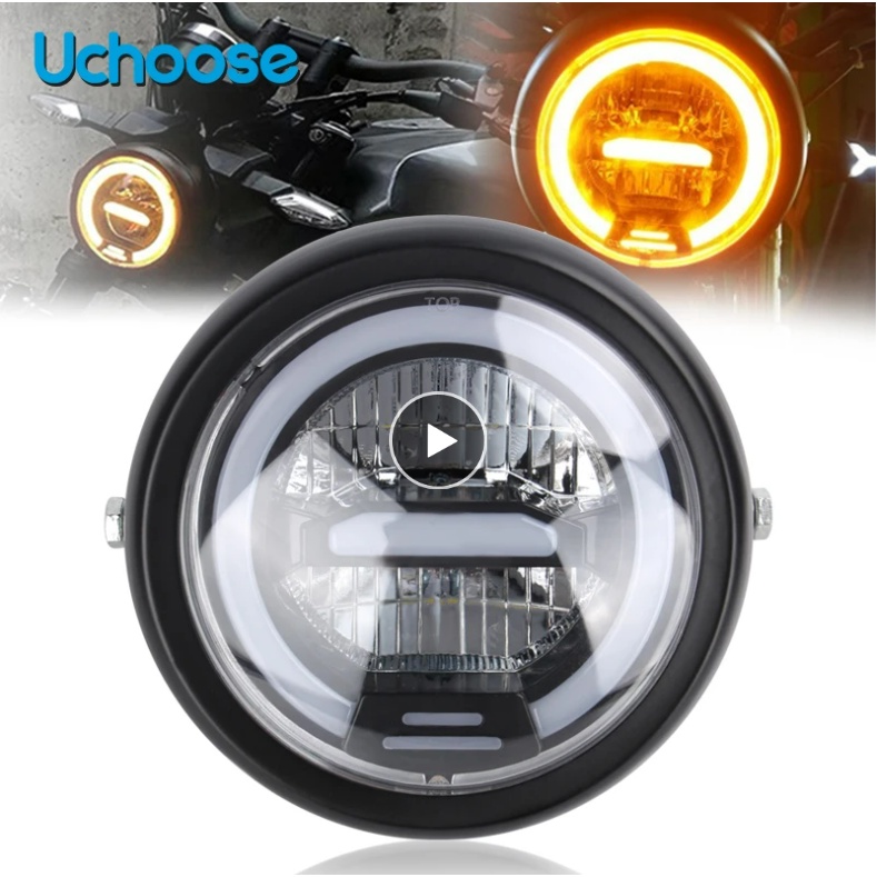 Farol de Led Universal Para Moto 5.75- 6.5 polegadas Com Angel Eyes DRL Harley Sportster Cafe Racer em Oferta na Shopee