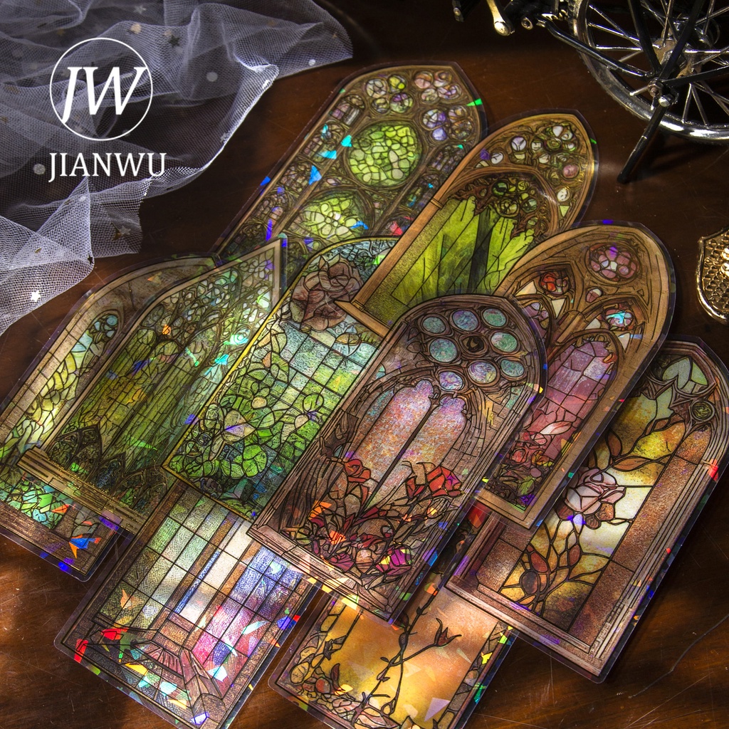 JIANWU 10 Folhas Janela Vidrada Série Vintage Flower Window Bronzeado PET Adesivo Criativo DIY Journal Collage Decor Papelaria em Oferta na Shopee