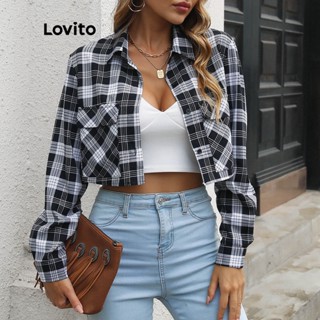 Lovito Blusa Casual Feminina Com Botão Xadrez E Bolso Frontal LNE15007 (Preto)
