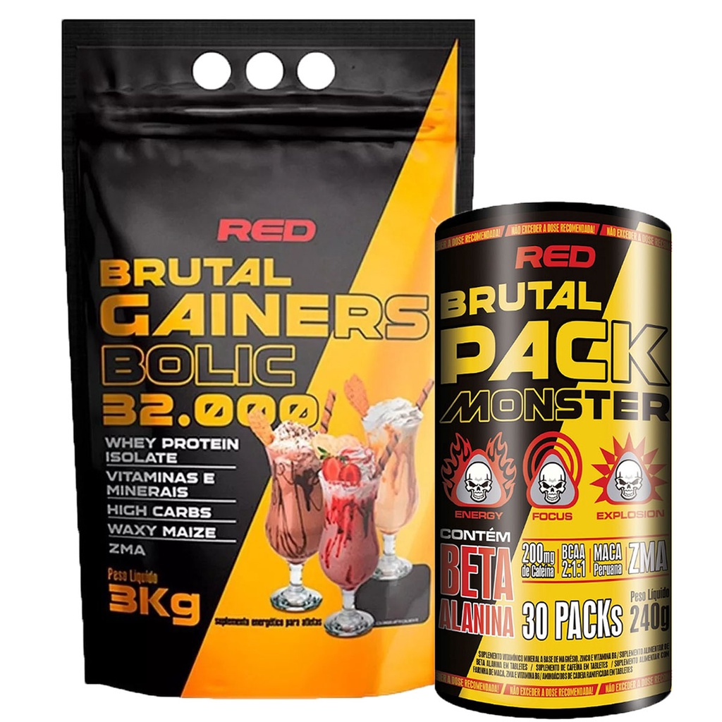 Kit Hipercalórico Brutal Gainers 3kg + Brutal Pack Monster Pré treino 30 packs - Red Series
