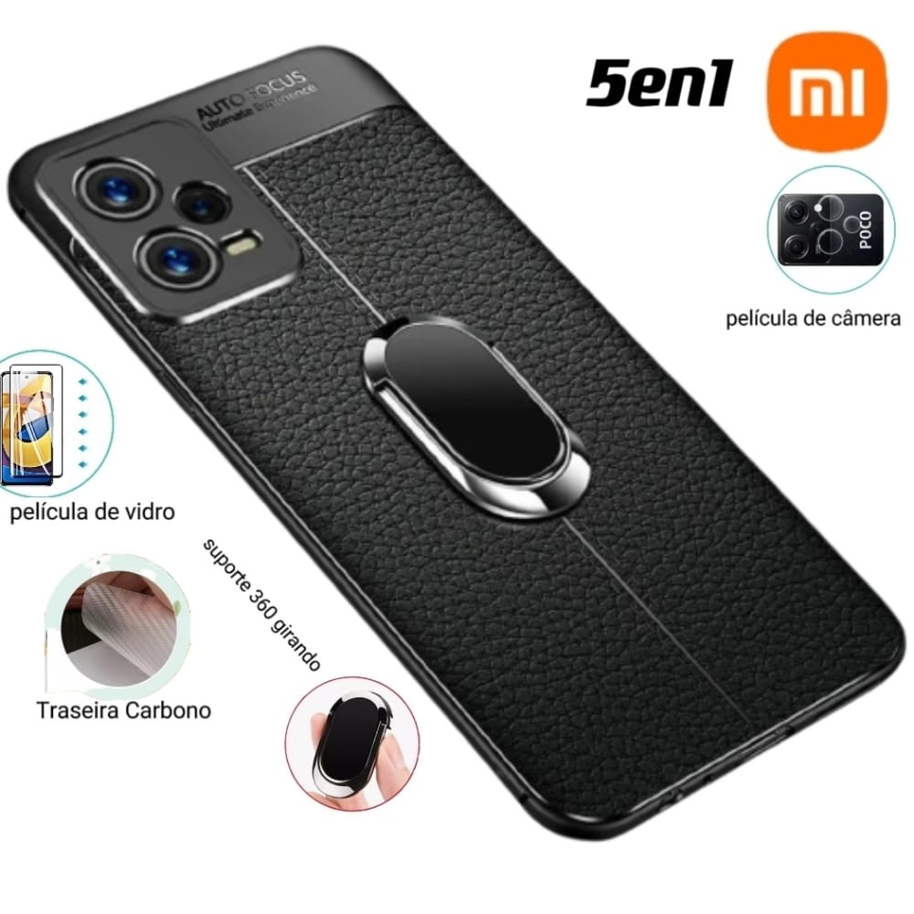 5en1 capa poco x5 poco x5 pro Xiaomi poco x5 poco x5 pro 5g tpu couro macio funda xiaomi poco x5 pro 5g +Suporte de anel de metal para celular rotação 360+Traseira de Carbono +Película de vidro 21d +vidro película