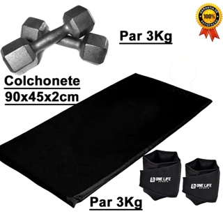 Kit Treino  Em Casa - Colchonete + Par Halter Sextavado 3kg + Par Caneleira 3Kg - Academia Cross training em Casa em Oferta na Shopee