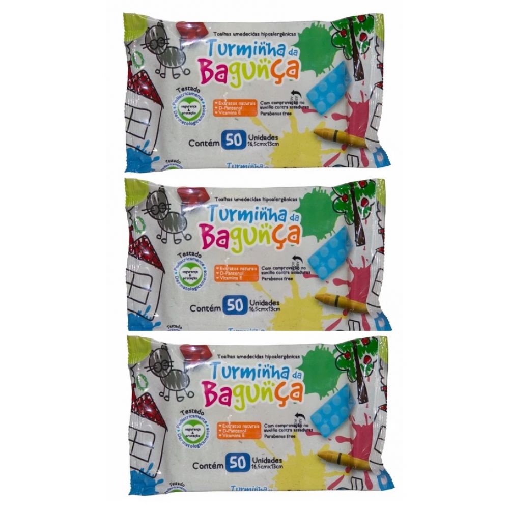 Kit com 3 Turminha da Bagunça Toalhas Umedecidas Extratos Naturais