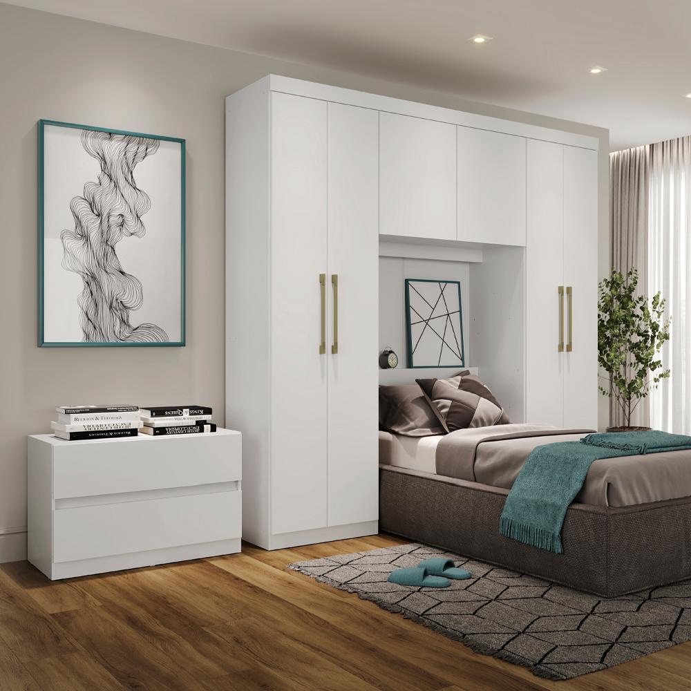 Guarda Roupa Solteiro 6 Portas 2 Gavetas Porto Branco com Cabeceira Carraro - Home & Living