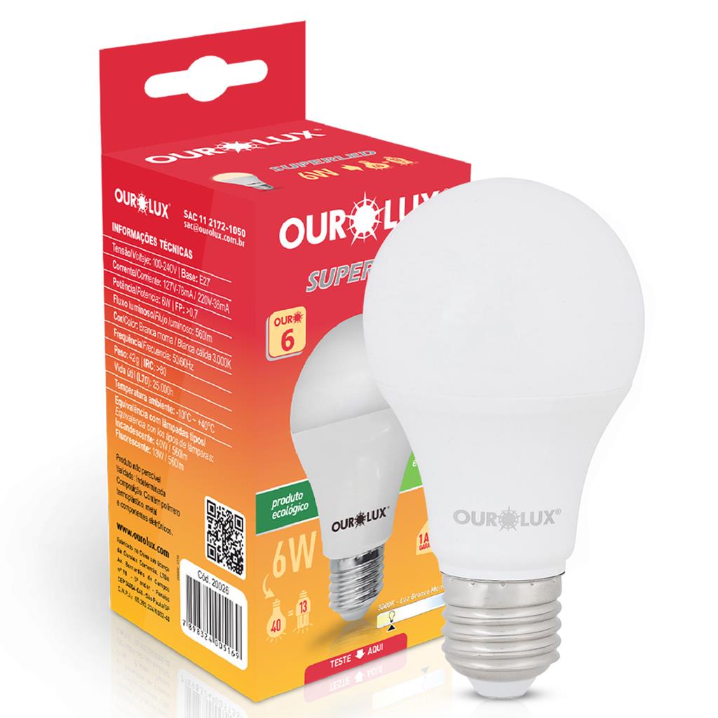 Lampada Led Bulbo A55 6W Bivolt 3000K Luz Amarela Ourolux