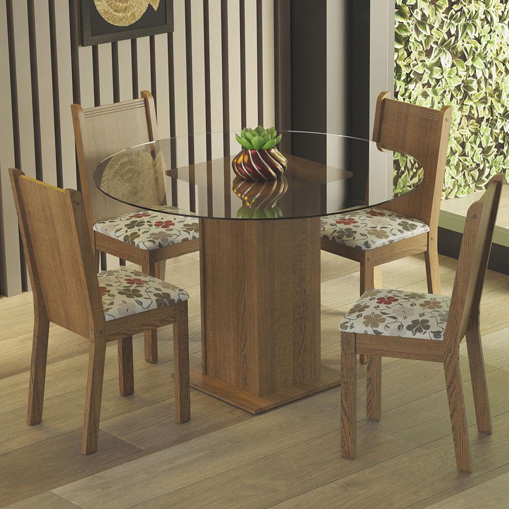 Conjunto Sala de Jantar Madesa Débora Mesa Tampo de Vidro Redondo 4 Cadeiras - Rustic/Hibiscos em Oferta na Shopee