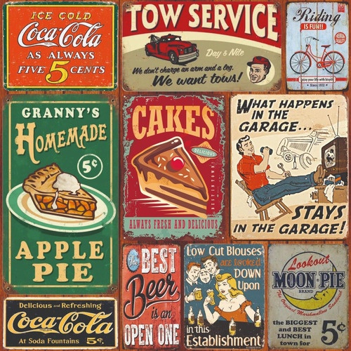 Papel De Parede Placas Vintage Comida Bebida Retrô Vinil