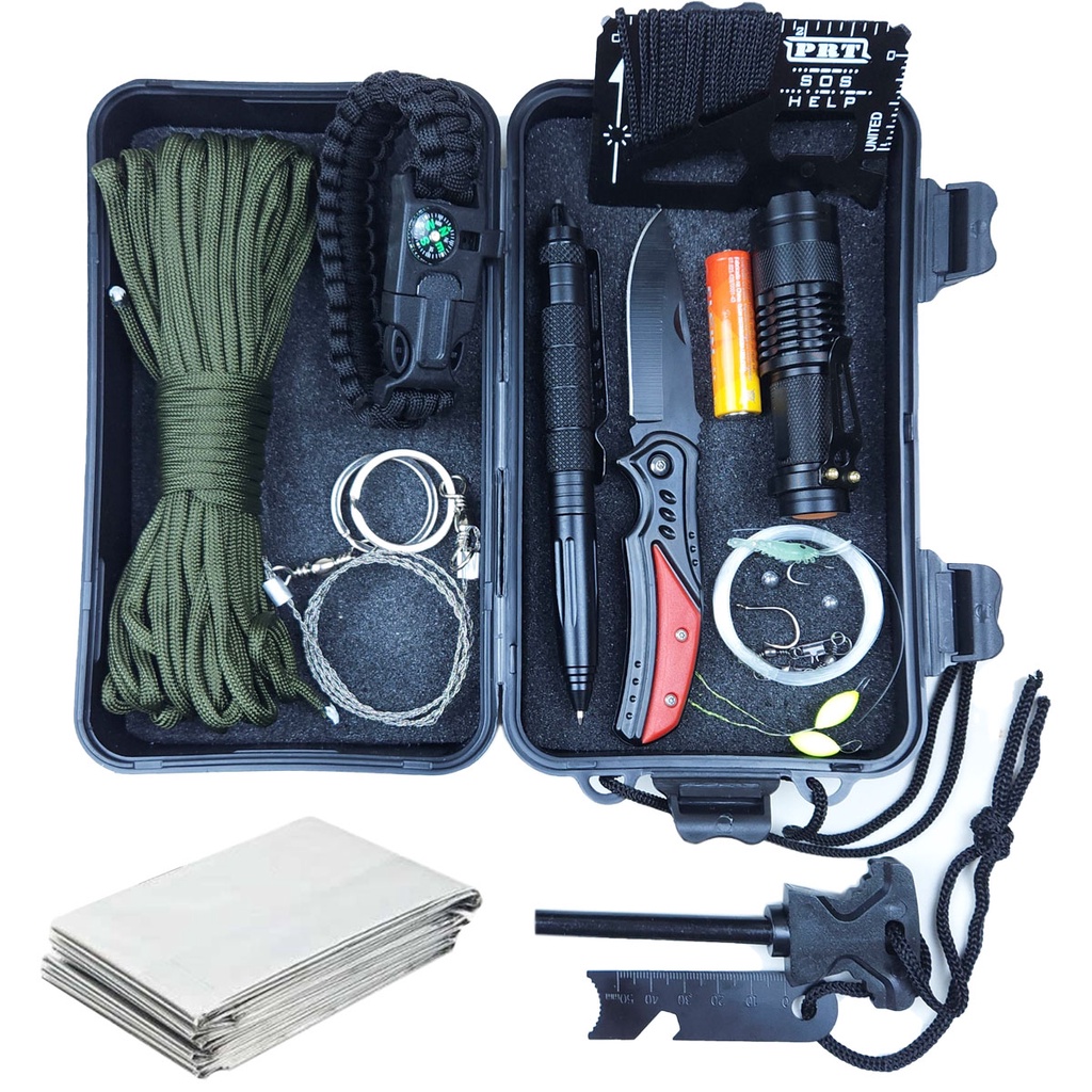 Kit de Sobrevivência Militar Estojo Pesca Acampamento Fogo Pederneira Paracod Estojo Canivete