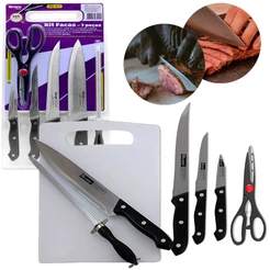 Kit Jogo Cozinha 7 Peças Utensílios Facas Tesoura Chiara Tábua Para Churrasco